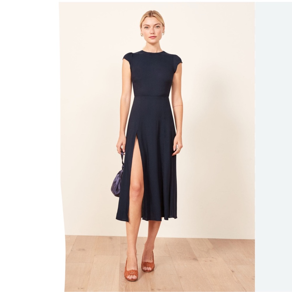Gavin dress from Reformation  Navy Cap-Sleeve Midi Dress with Front Slit